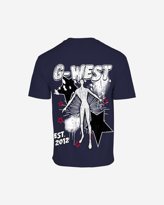 Navy oversized tee with graphic print, back view.