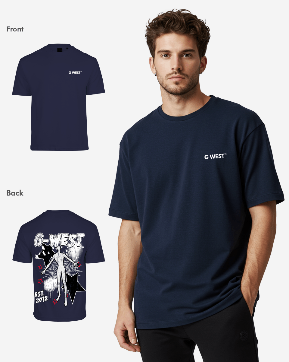 Navy oversized tee with red accents, back view.