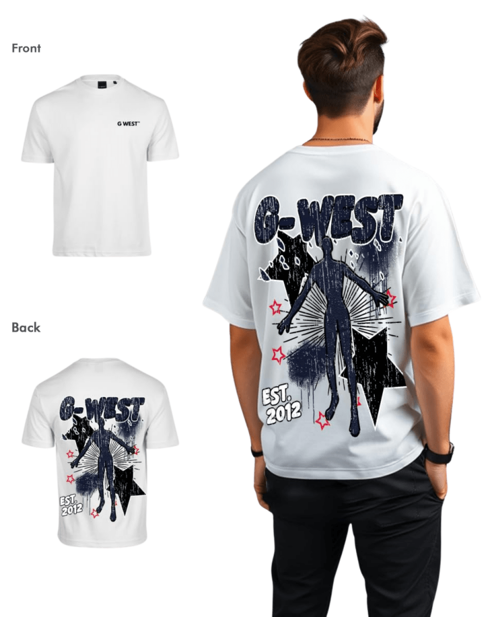White oversized tee with graphic design in a casual setting.