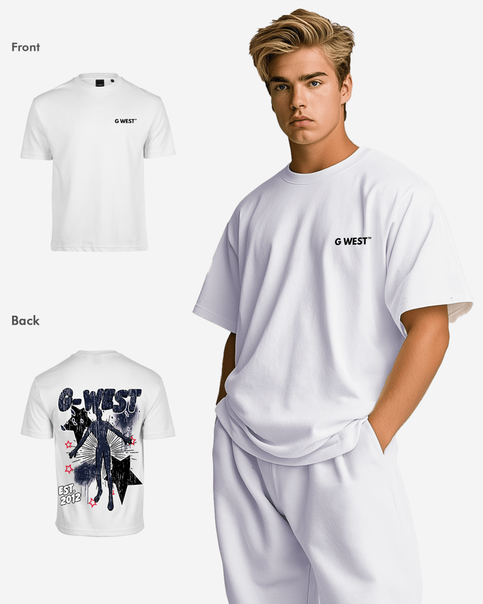 White oversized tee with graphic design in a casual setting.
