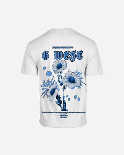 Back view of the white t-shirt with a floral graphic print.