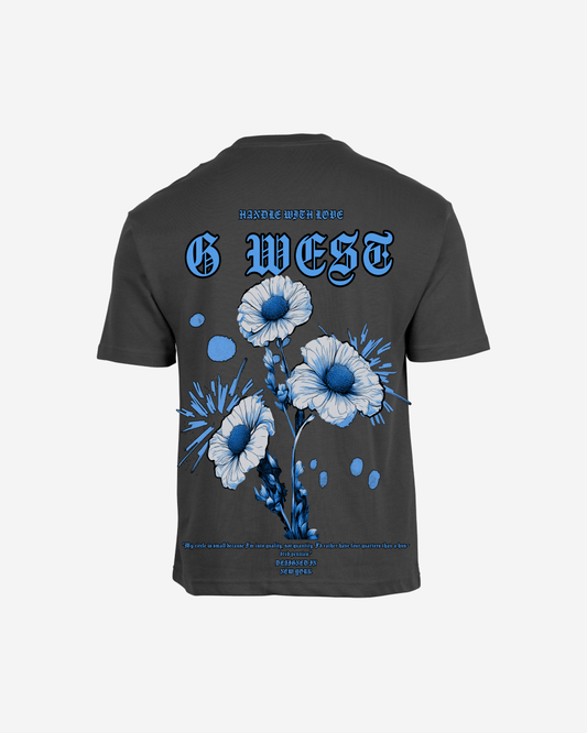 Back view of the blue oversized garden tee with graphic print.