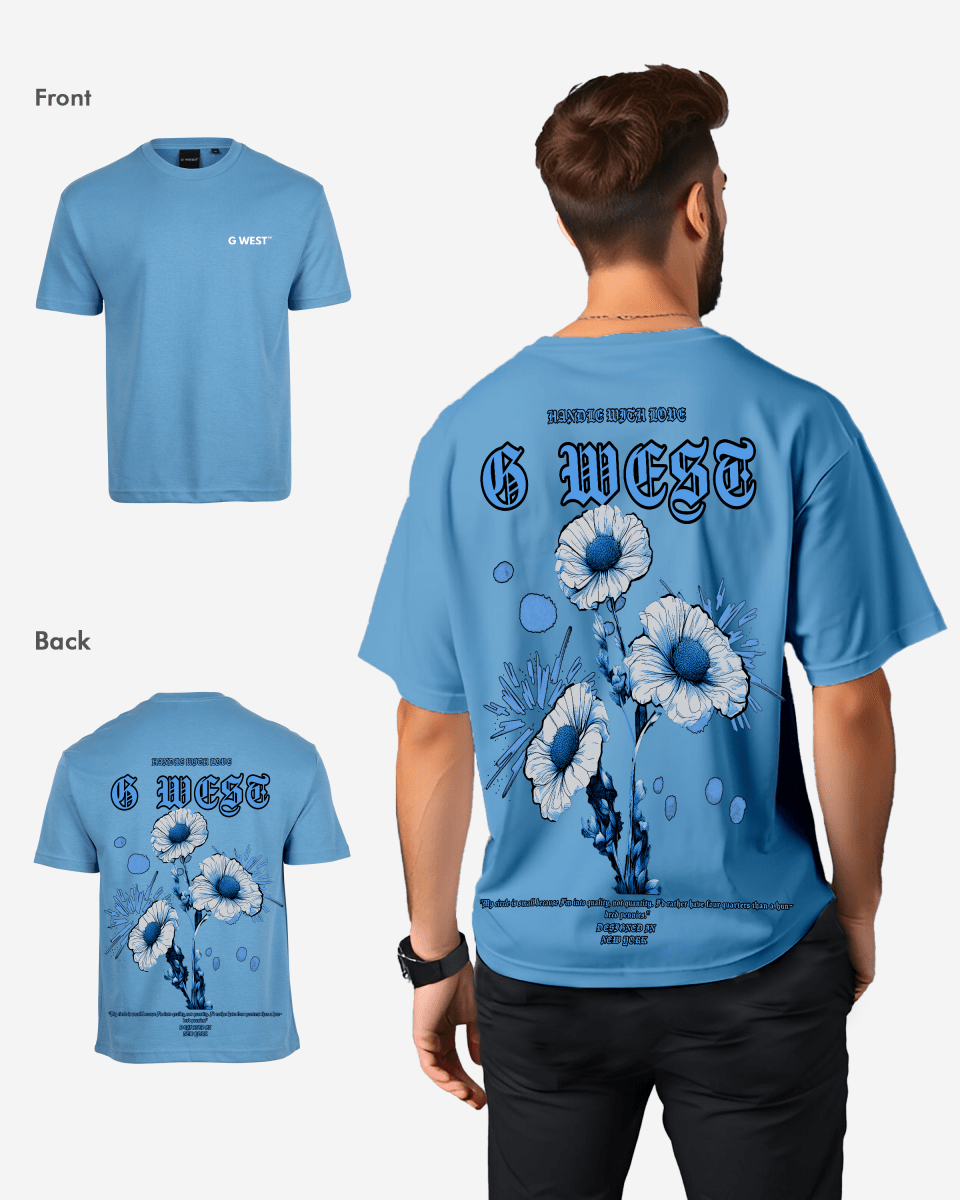 Back view of the blue oversized t-shirt with graphic print.