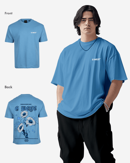Back view of the blue oversized t-shirt showcasing graphic design.
