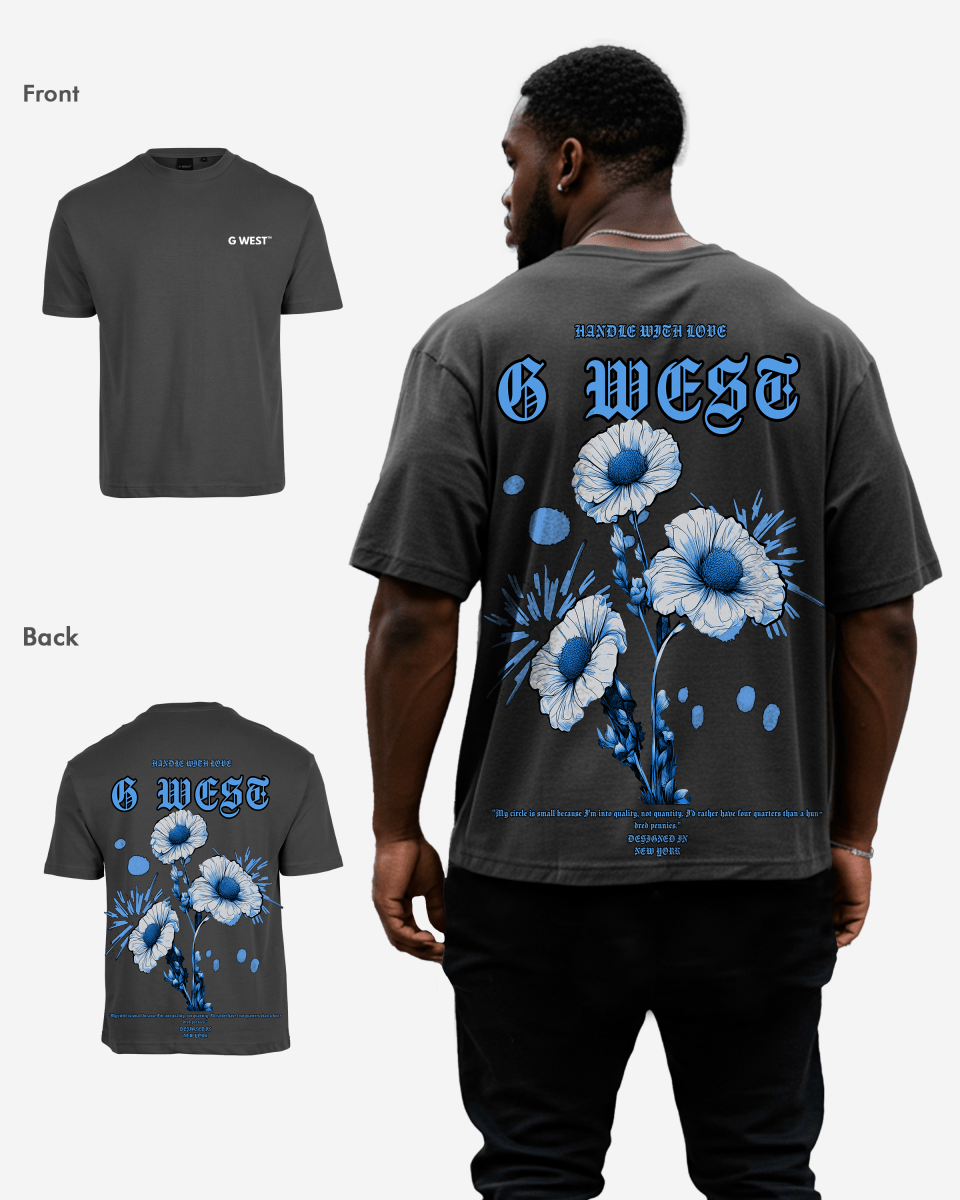 Front view of the charcoal gray t-shirt with graphic print.