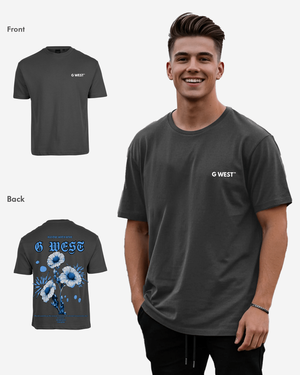Front view of the charcoal gray t-shirt featuring short sleeves.