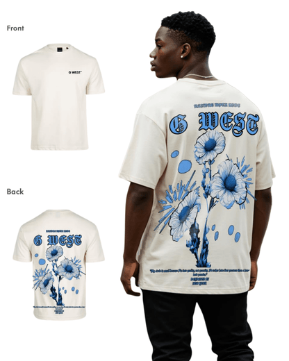 Back view of the cream oversized t-shirt with graphic print.