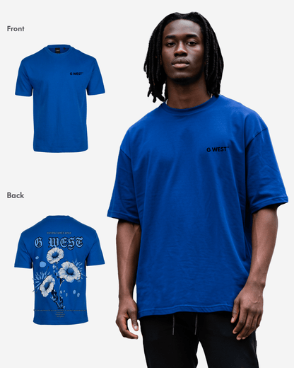 Front view of the blue oversized t-shirt with an oversized fit.