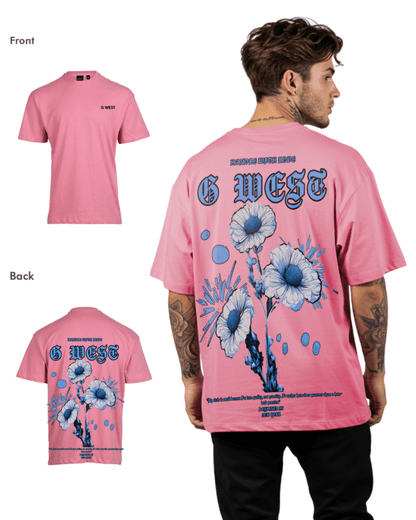 Lifestyle shot of the blue oversized t-shirt with a back graphic.