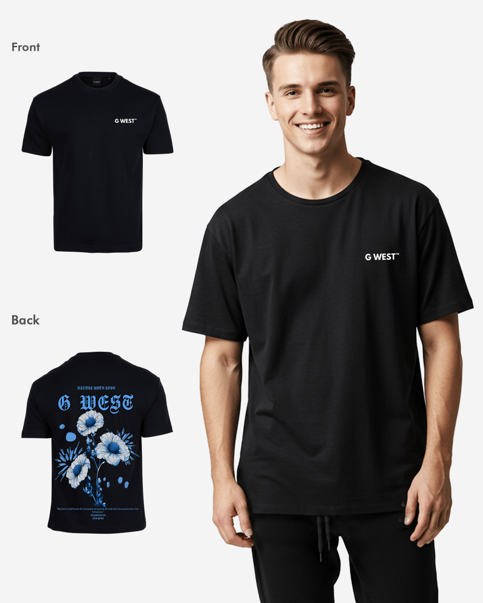 Lifestyle view of the black oversized t-shirt showcasing a floral design.