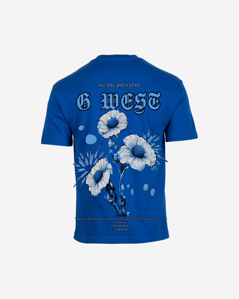 Lifestyle shot of the cream oversized t-shirt with a floral design.