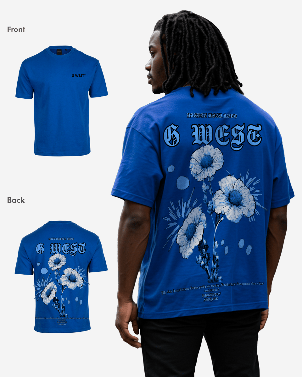 Lifestyle view of the blue oversized t-shirt featuring a floral design.