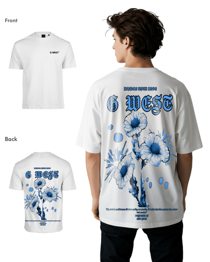 Lifestyle shot of the white oversized t-shirt showcasing a floral graphic print.