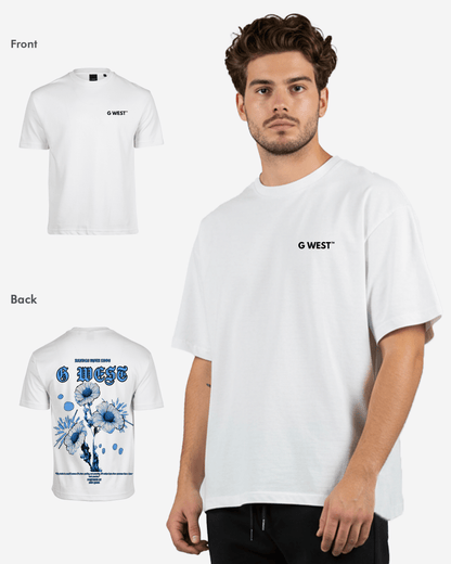 Lifestyle view of the white oversized t-shirt with a floral graphic print.
