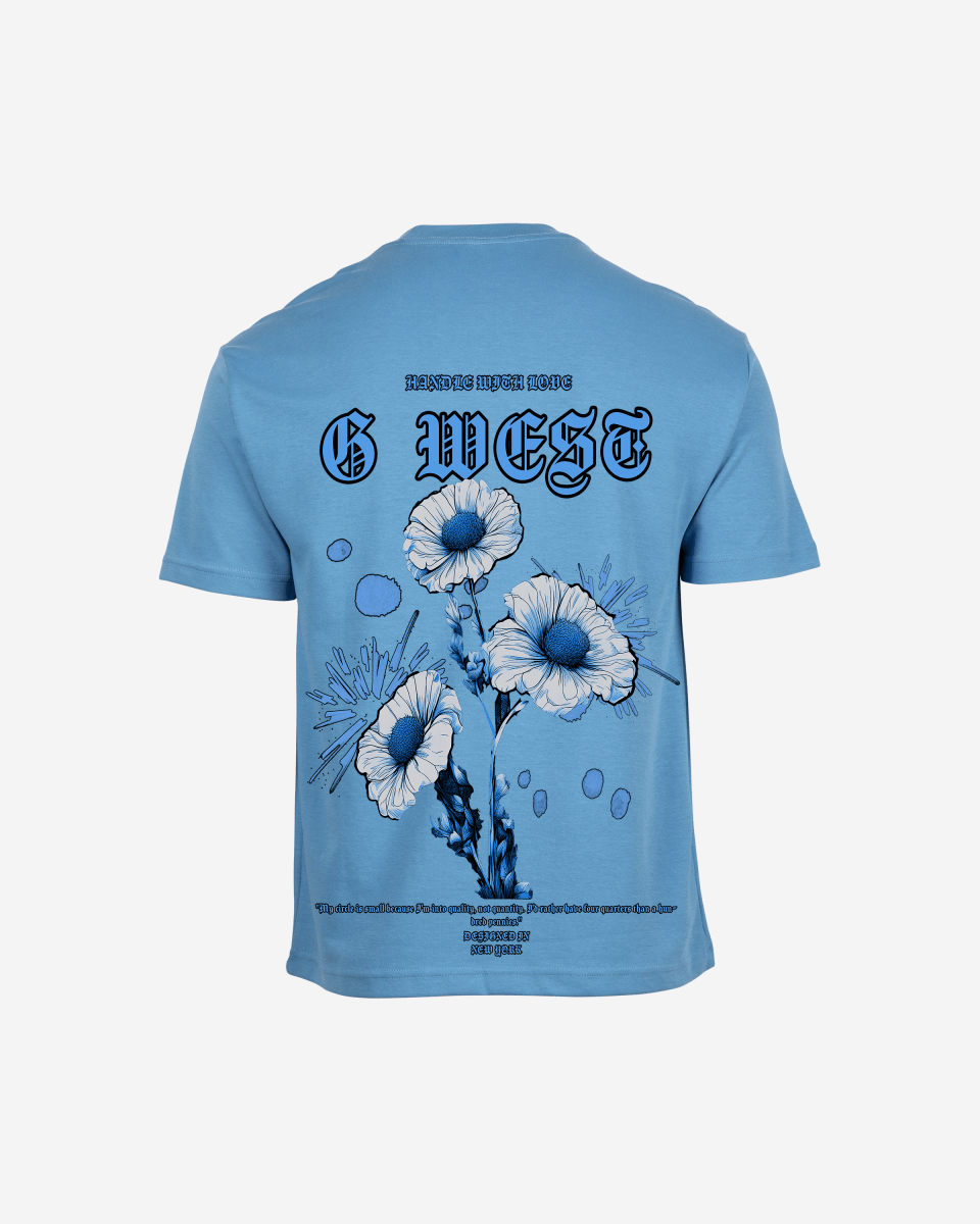 Front view of the royal blue t-shirt with graphic print.
