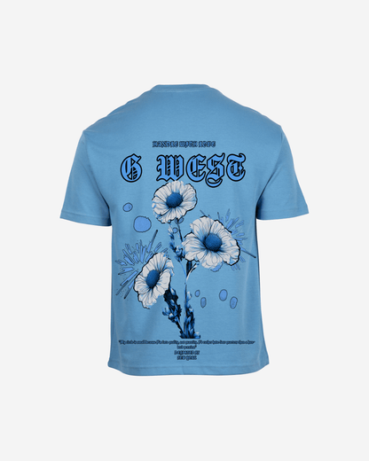 Front view of the royal blue t-shirt with graphic print.