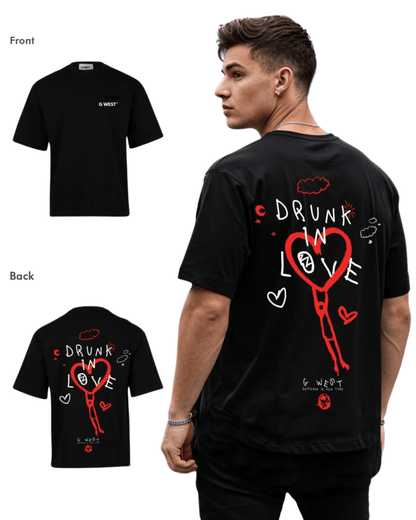 Lifestyle shot of the black oversized t-shirt displaying back print and short sleeves.