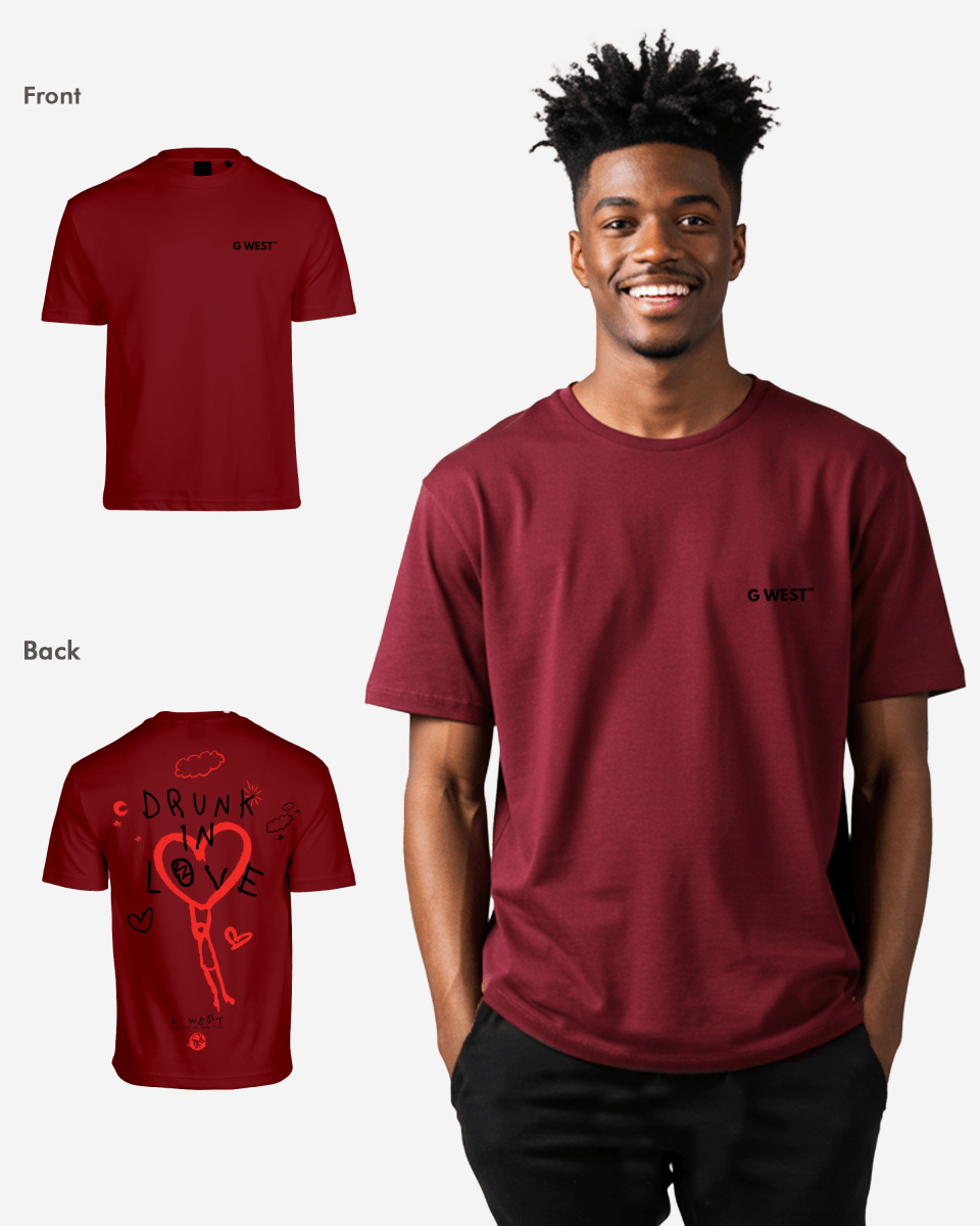 Lifestyle shot of the burgundy t-shirt showcasing front print and short sleeves.
