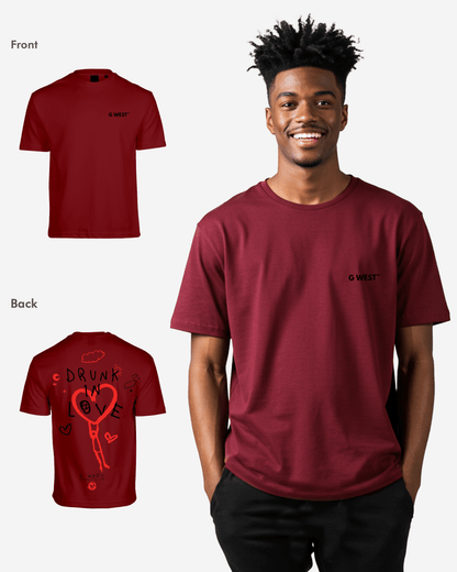 Lifestyle shot of the burgundy t-shirt showcasing front print and short sleeves.