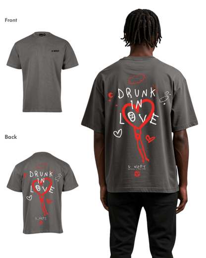 Front view of the charcoal oversized t-shirt with graphic print and short sleeves.