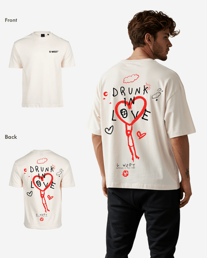 Back view of the cream oversized tee showcasing a graphic print.