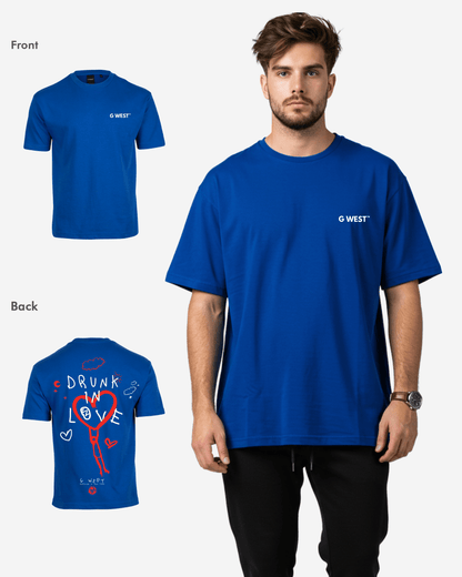Back view of the royal blue oversized tee showcasing a graphic print.