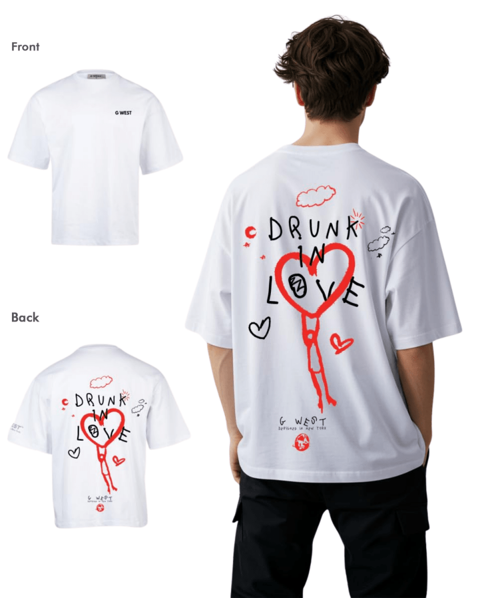 Back view of the white oversized tee showcasing a graphic print.
