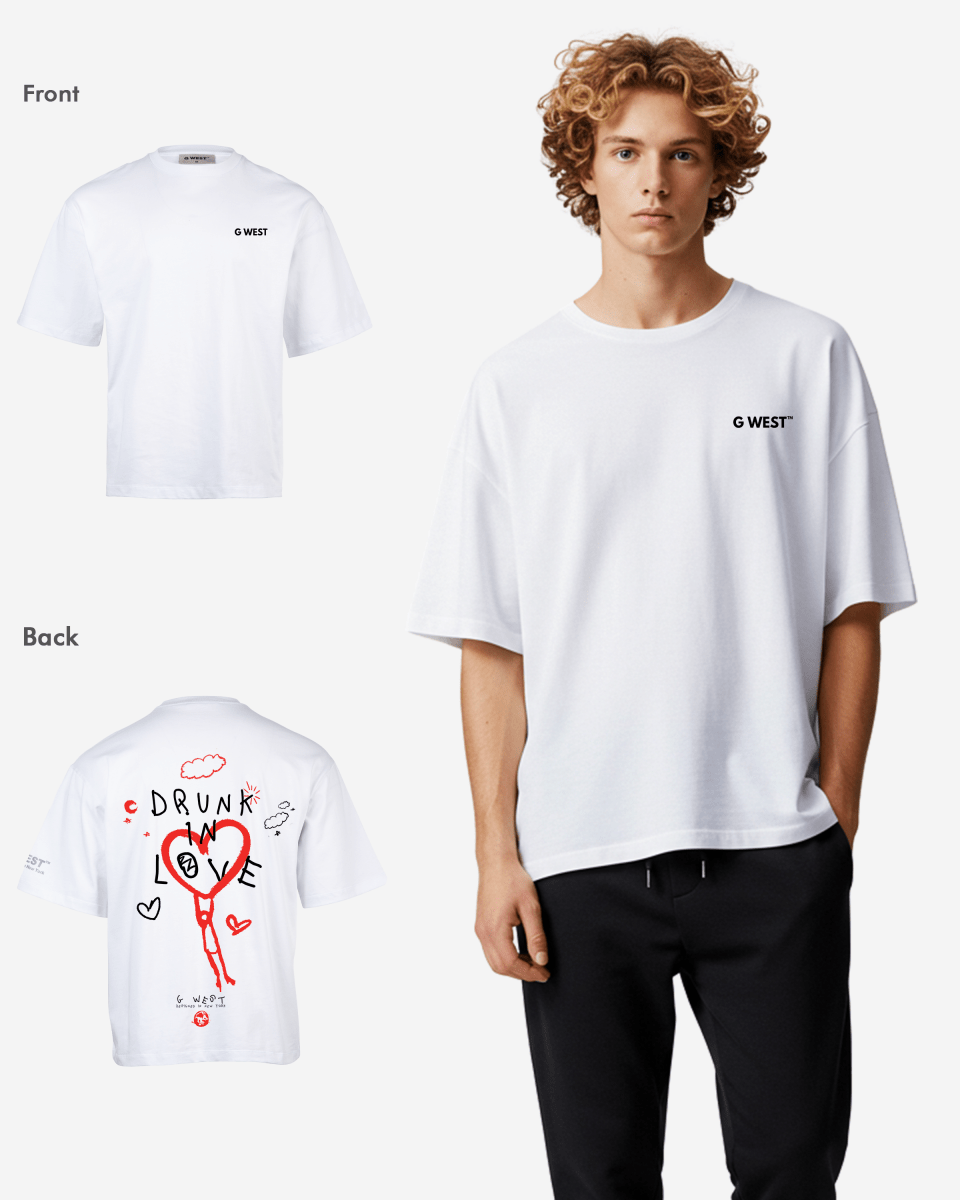 Back view of the white oversized tee with a bold graphic print.