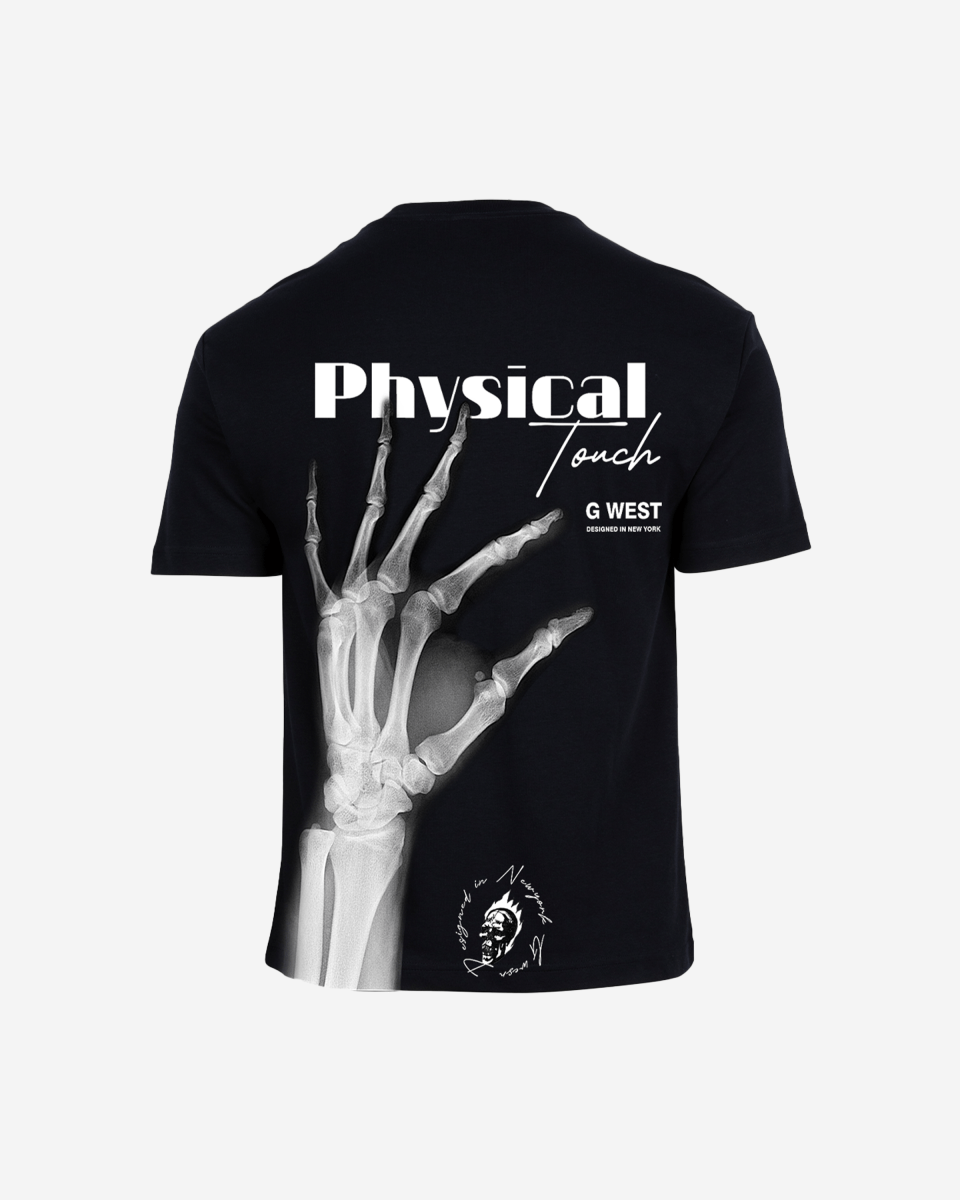 Black oversized tee with x-ray hand graphic, back view.