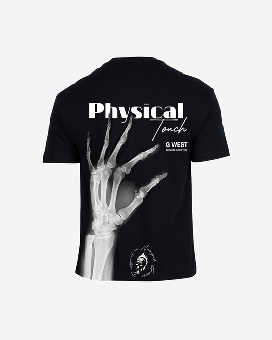 Black oversized tee with x-ray hand graphic, back view.