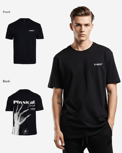 Model wearing black oversized tee with x-ray hand graphic, lifestyle shot.