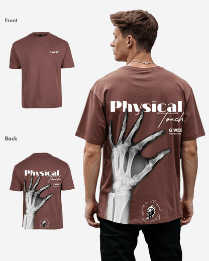 Back view of brown oversized tee with graphic print and relaxed fit.