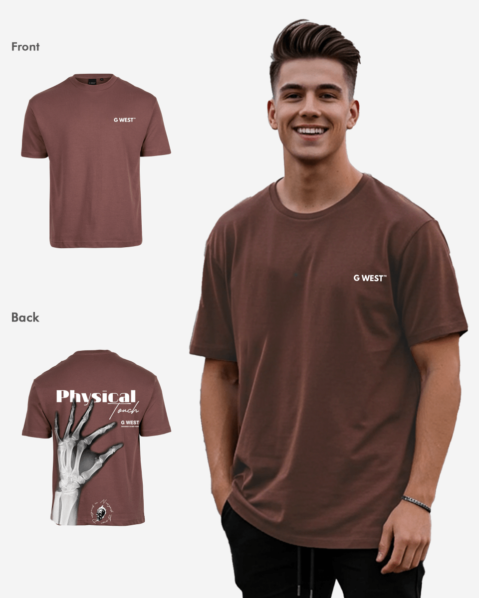 Model in brown oversized tee featuring graphic print, lifestyle shot.