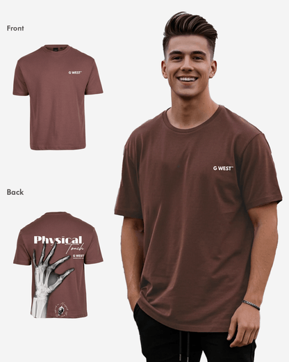 Model in brown oversized tee featuring graphic print, lifestyle shot.