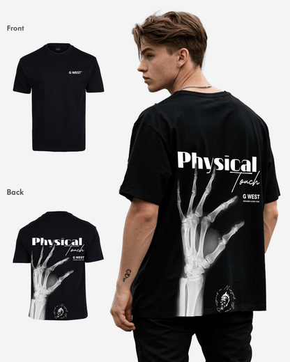 Burgundy oversized tee with x-ray hand graphic, back view.