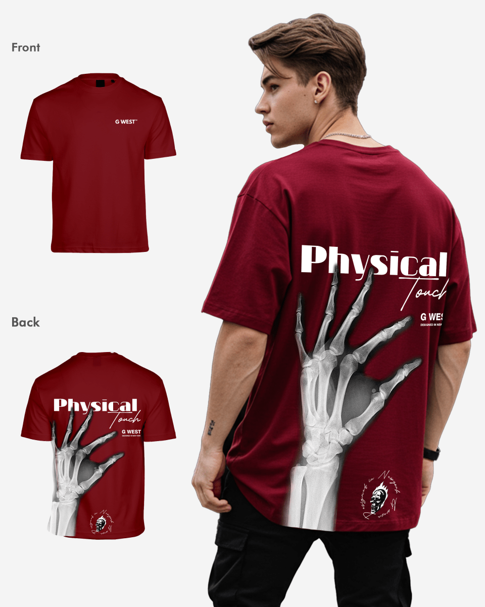 Back view of burgundy oversized tee with graphic print and relaxed fit.