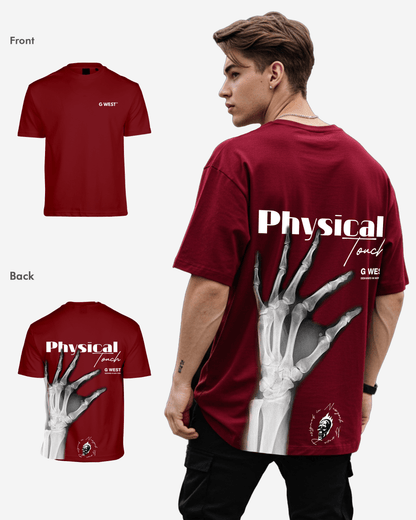 Back view of burgundy oversized tee with graphic print and relaxed fit.