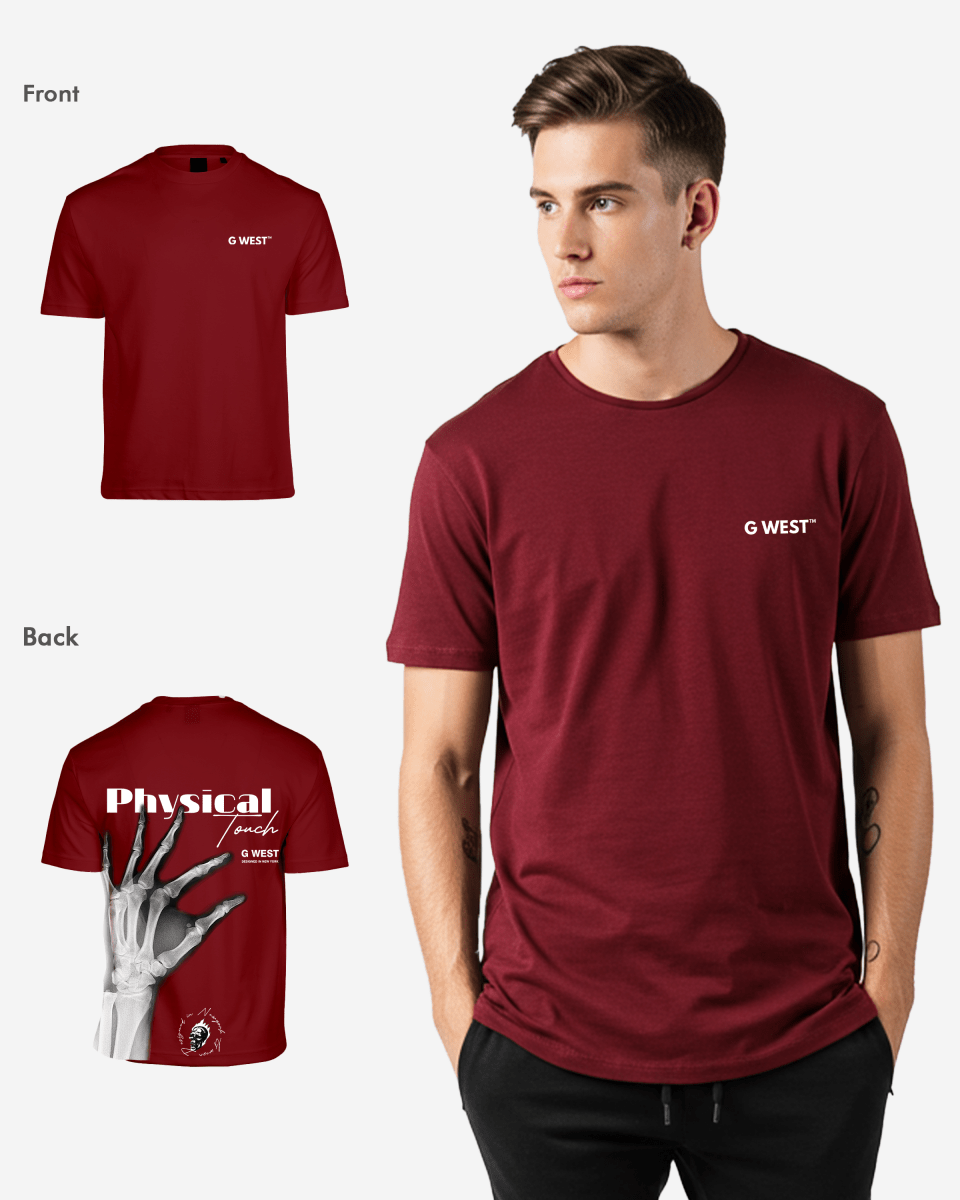 Model wearing burgundy tee featuring graphic print, lifestyle shot.