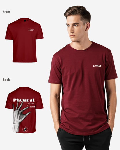 Model wearing burgundy tee featuring graphic print, lifestyle shot.