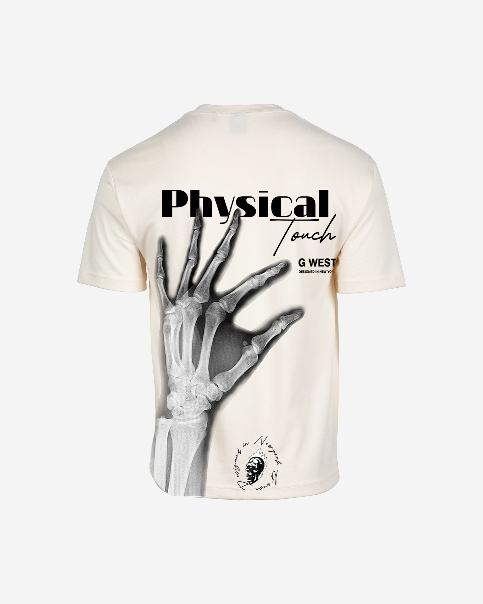 Lifestyle shot of cream t-shirt with graphic print.