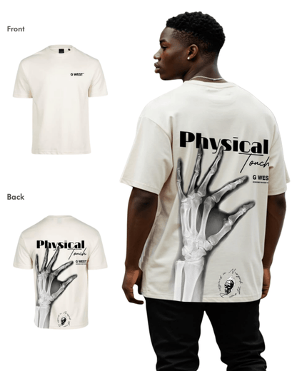 Lifestyle shot of cream oversized tee featuring graphic print.