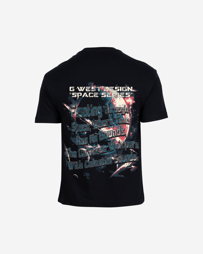 Back view of the black oversized tee featuring text graphic.