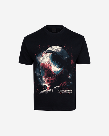 Front view of the black oversized tee with space graphic.