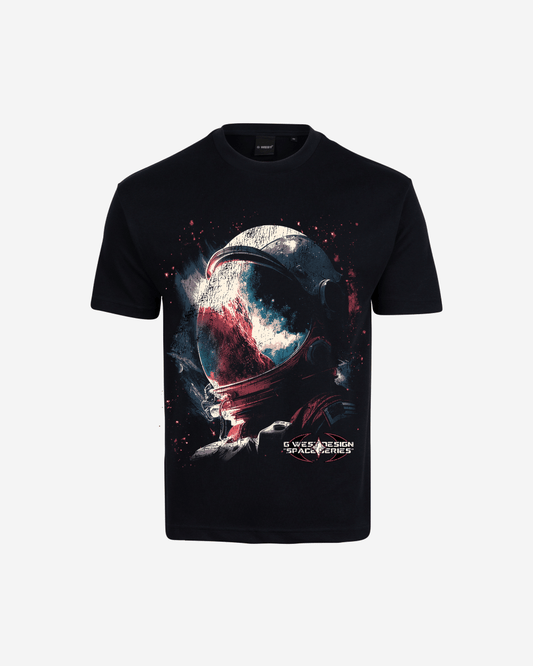 Front view of the black oversized tee with space graphic.