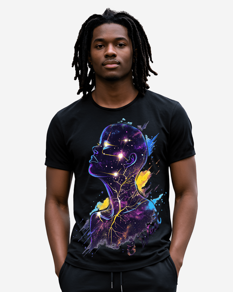 Black graphic t-shirt with a thought-provoking design, lifestyle shot.