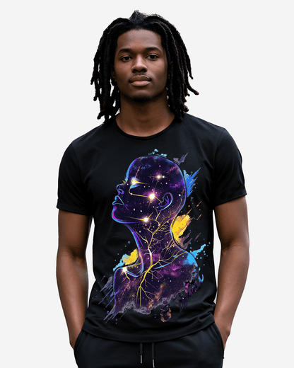 Black graphic t-shirt with a thought-provoking design, lifestyle shot.