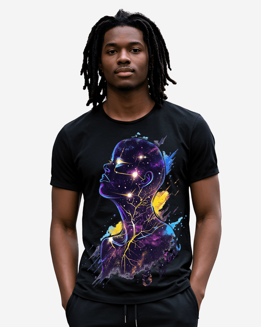 Black graphic t-shirt with a thought-provoking design, lifestyle shot.