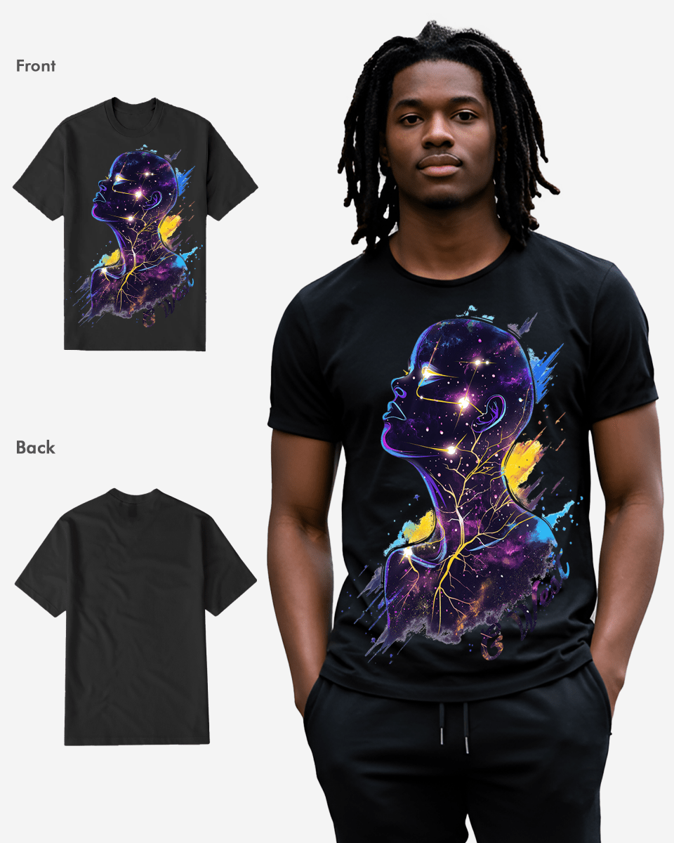 Black graphic t-shirt featuring a compelling design, lifestyle shot.