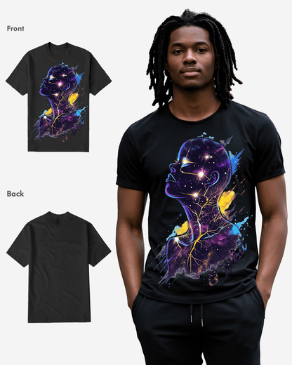 Black graphic t-shirt featuring a compelling design, lifestyle shot.