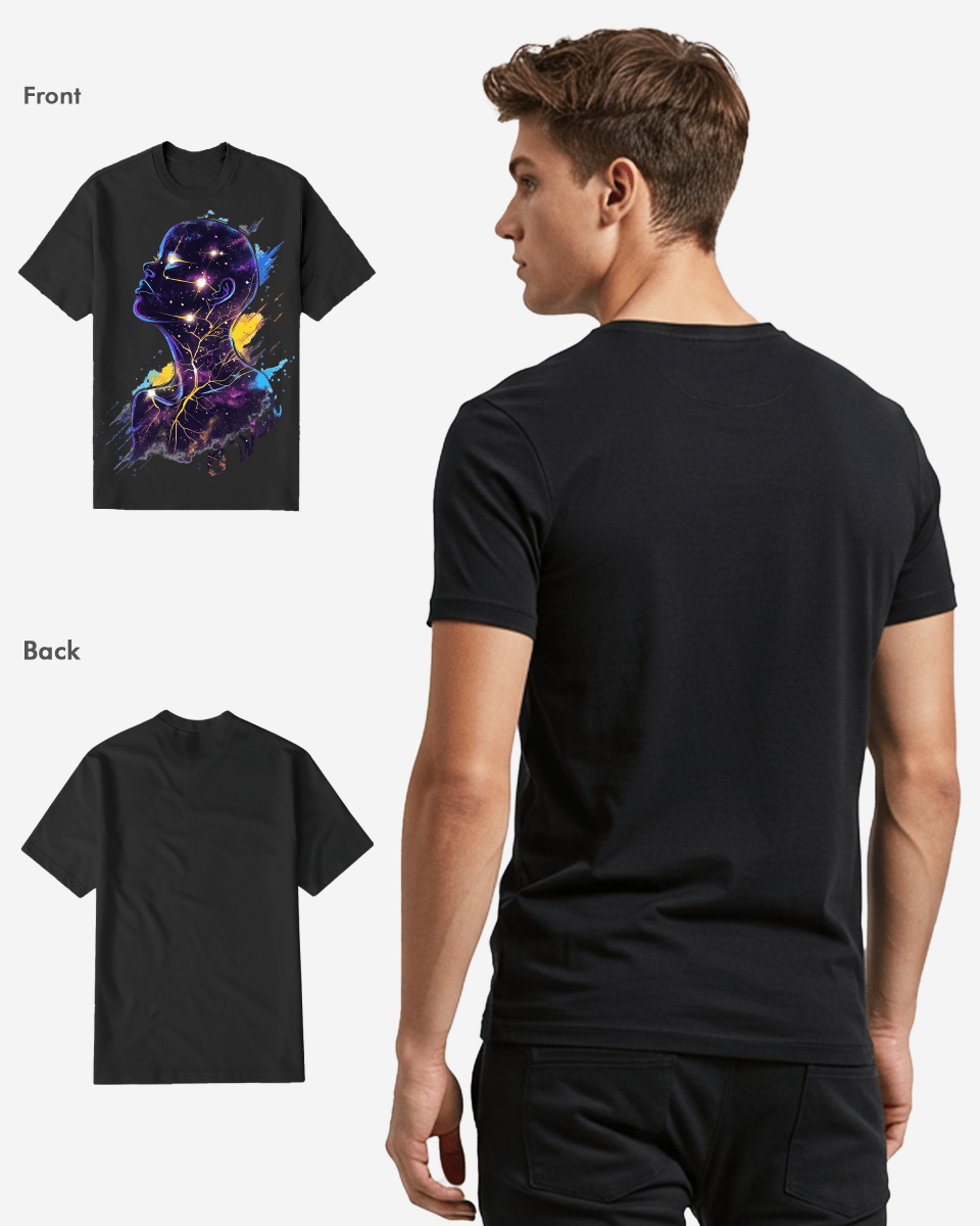 Black graphic t-shirt showcasing a unique graphic, lifestyle view.